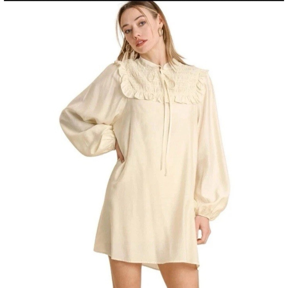 Umgee Women’s Long Sleeve Smocked Tie Front Dress Boho Cottagecore Beige Large